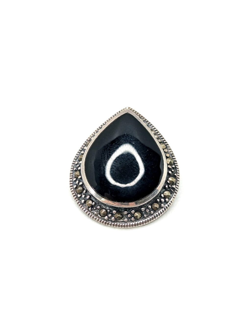 Sterling Silver 925 Black Onyx Teardrop Pendant Marcasite Classic Vintage 3.3g